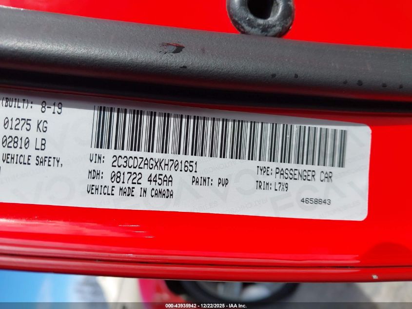 2019 Dodge Challenger Sxt VIN: 2C3CDZAGXKH701651 Lot: 43935942