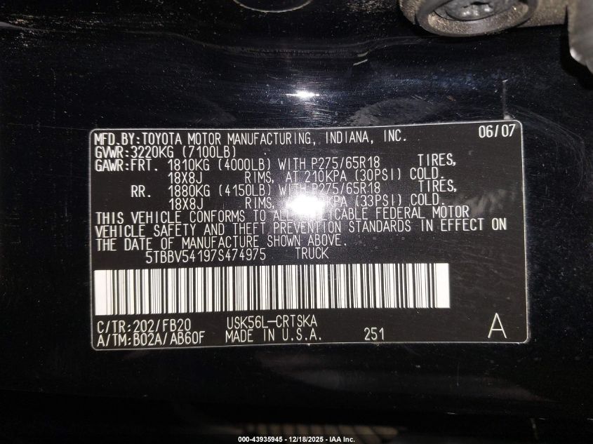2007 Toyota Tundra Sr5 5.7L V8 VIN: 5TBBV54197S474975 Lot: 43935945