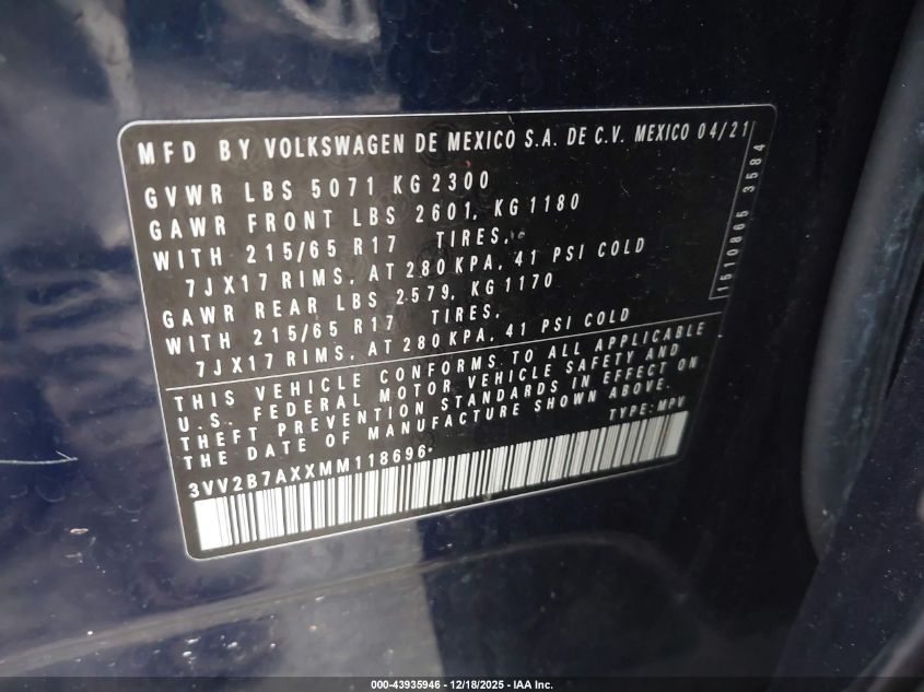 2021 Volkswagen Tiguan 2.0T Se/2.0T Se R-Line Black/2.0T Sel VIN: 3VV2B7AXXMM118696 Lot: 43935946