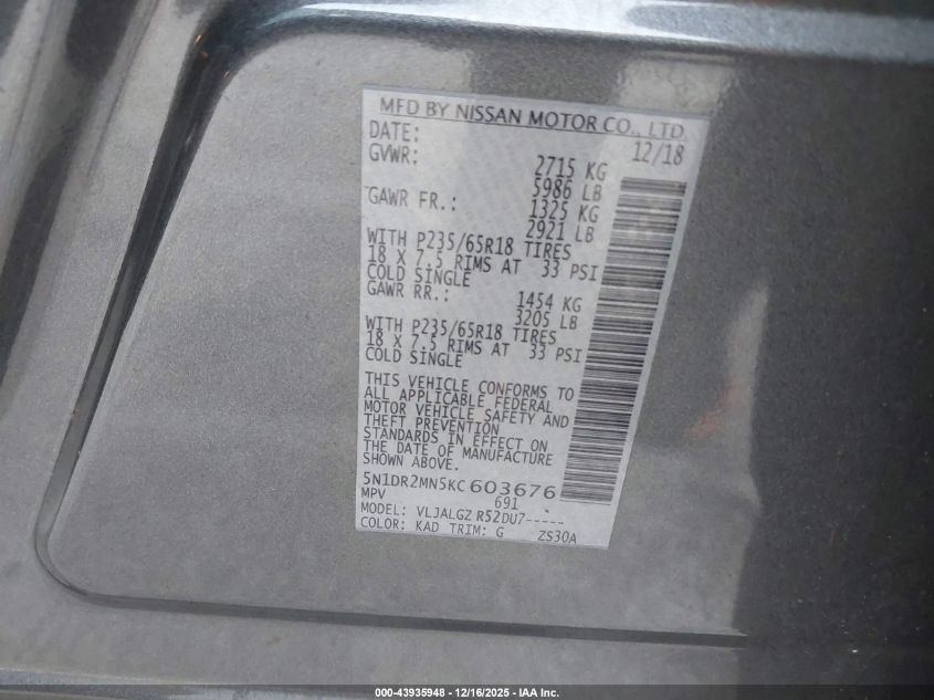 2019 Nissan Pathfinder Sl VIN: 5N1DR2MN5KC603676 Lot: 43935948