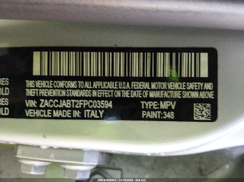 2015 Jeep Renegade Latitude VIN: ZACCJABT2FPC03594 Lot: 43935951