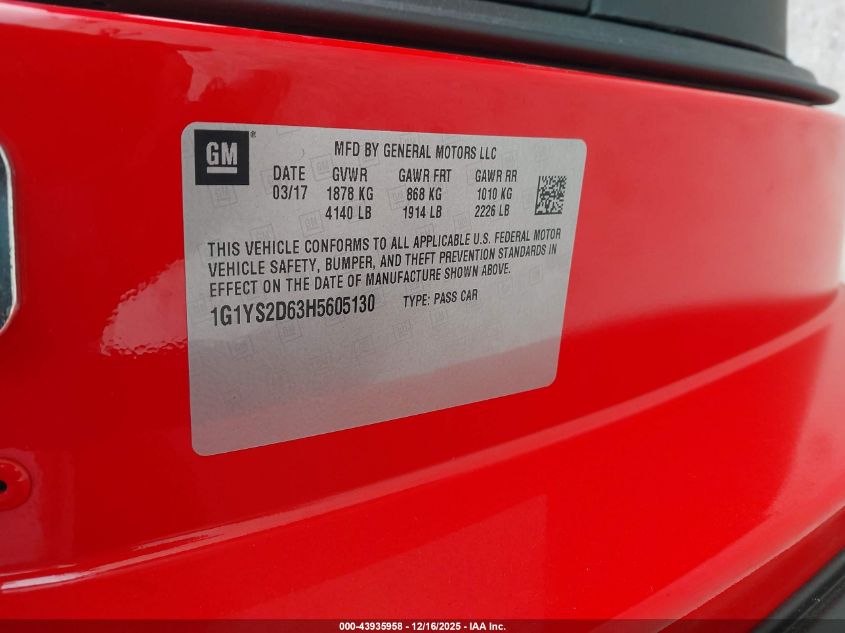 2017 Chevrolet Corvette Z06 VIN: 1G1YS2D63H5605130 Lot: 43935958