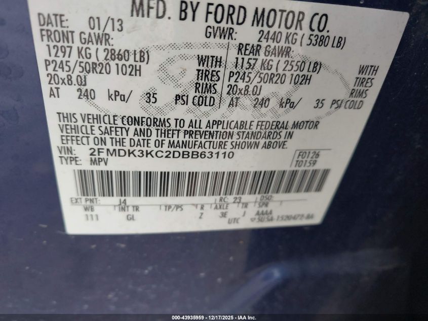 2013 Ford Edge Limited VIN: 2FMDK3KC2DBB63110 Lot: 43935959