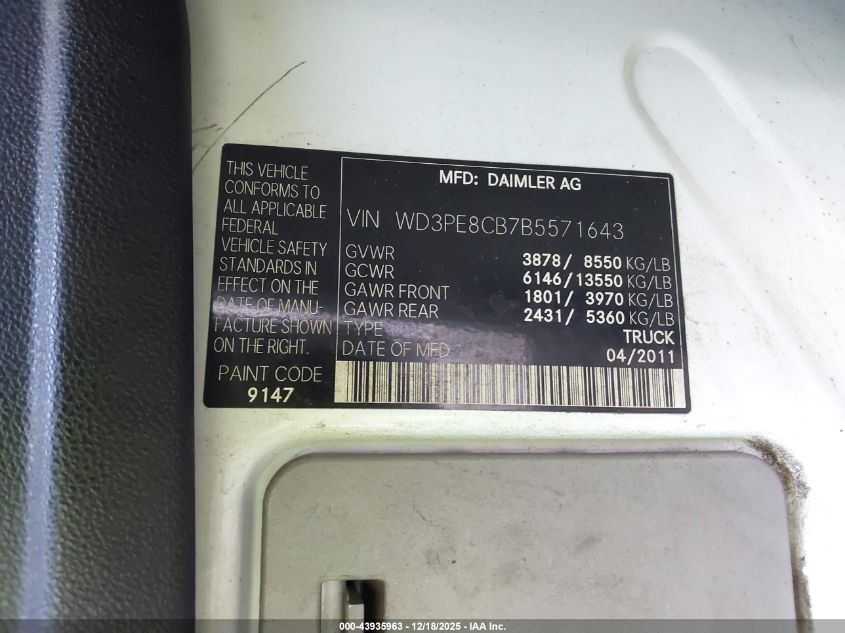 2011 Mercedes-Benz Sprinter 2500 High Roof VIN: WD3PE8CB7B5571643 Lot: 43935963