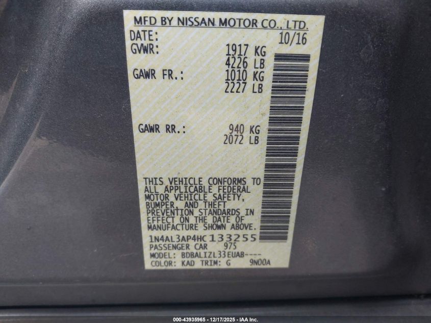 2017 Nissan Altima 2.5/2.5 S/2.5 Sl/2.5 Sr/2.5 Sv VIN: 1N4AL3AP4HC133255 Lot: 43935965