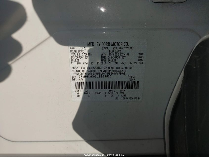 2020 Ford Edge Titanium VIN: 2FMPK3K93LBB31525 Lot: 43935966