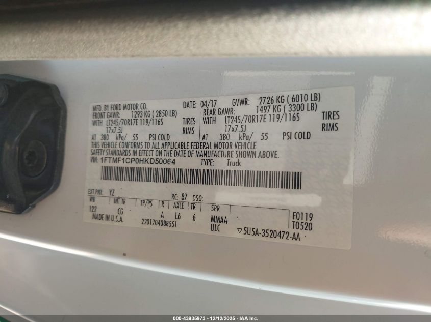 2017 Ford F-150 Xl VIN: 1FTMF1CP0HKD50064 Lot: 43935973