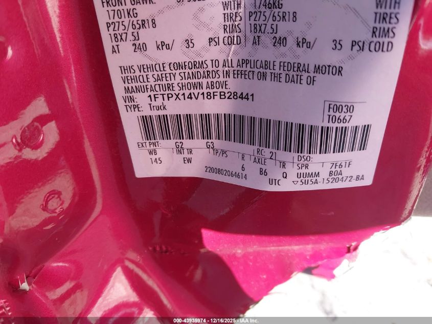 2008 Ford F-150 Fx4/Lariat/Xl/Xlt VIN: 1FTPX14V18FB28441 Lot: 43935974