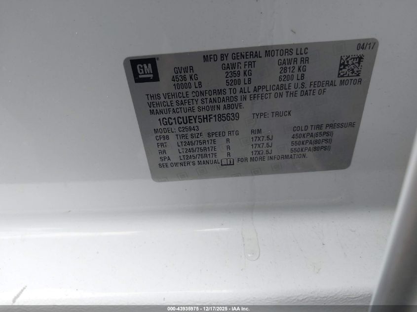 2017 Chevrolet Silverado 2500Hd Wt VIN: 1GC1CUEY5HF185639 Lot: 43935975