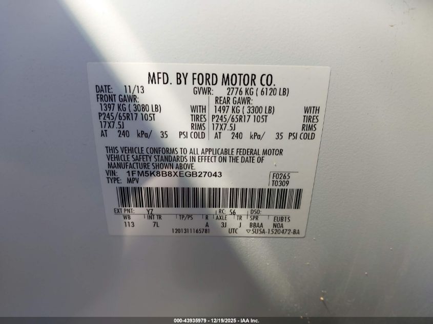 2014 Ford Explorer VIN: 1FM5K8B8XEGB27043 Lot: 43935979