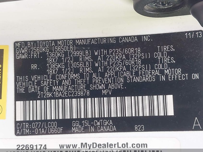 2014 Lexus Rx 350 VIN: 2T2BK1BA2EC239878 Lot: 43935980