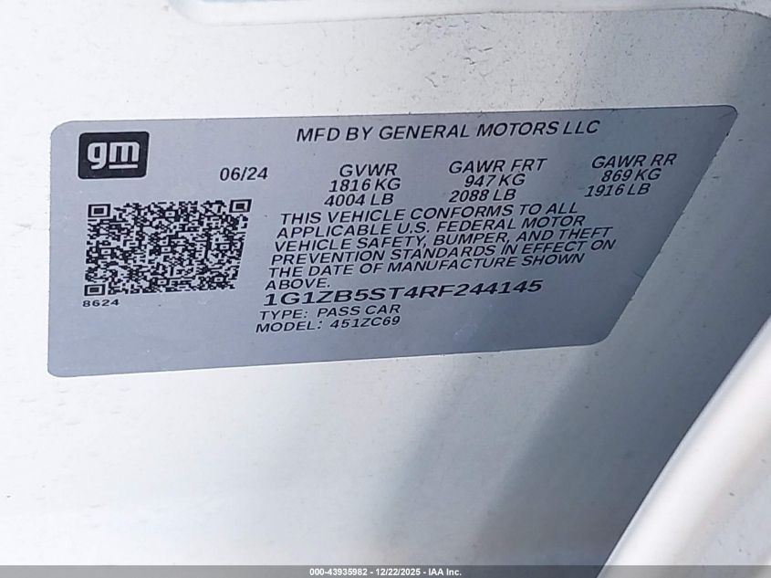 2024 Chevrolet Malibu Fwd Ls VIN: 1G1ZB5ST4RF244145 Lot: 43935982