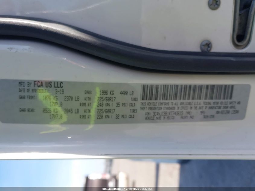 2019 Jeep Compass Latitude Fwd VIN: 3C4NJCBB1KT743615 Lot: 43935983