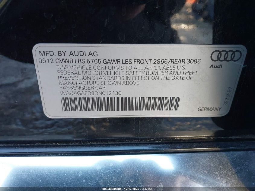 2013 Audi A8 3.0T VIN: WAUAGAFD8DN012130 Lot: 43935985