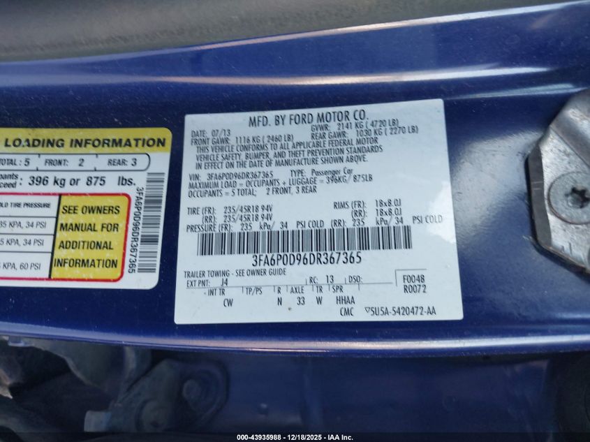 2013 Ford Fusion Titanium VIN: 3FA6P0D96DR367365 Lot: 43935988