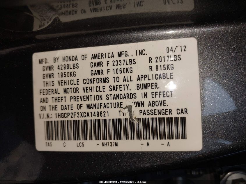 2012 Honda Accord 2.4 Lx VIN: 1HGCP2F3XCA149621 Lot: 43935991