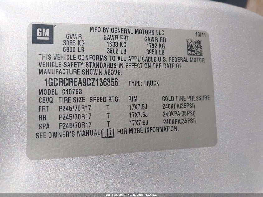 2012 Chevrolet Silverado 4.8 1500 Ls silver Lot 111043935992 Vin 1GCRCREA9CZ136356