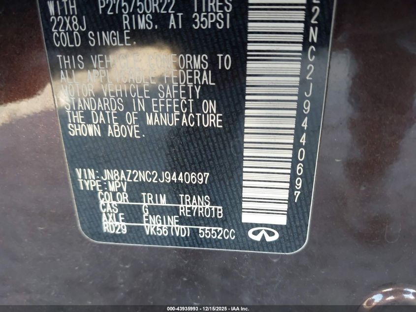 2018 Infiniti Qx80 VIN: JN8AZ2NC2J9440697 Lot: 43935993