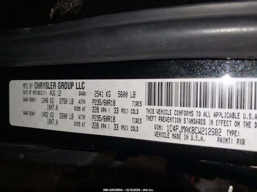 2012 Jeep Liberty Sport VIN: 1C4PJMAK8CW212682 Lot: 43935994