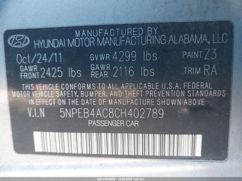 2012 Hyundai Sonata Gls VIN: 5NPEB4AC8CH402789 Lot: 43935996