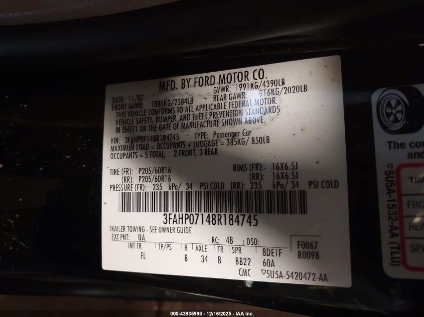 2008 Ford Fusion Se VIN: 3FAHP07148R184745 Lot: 43935998