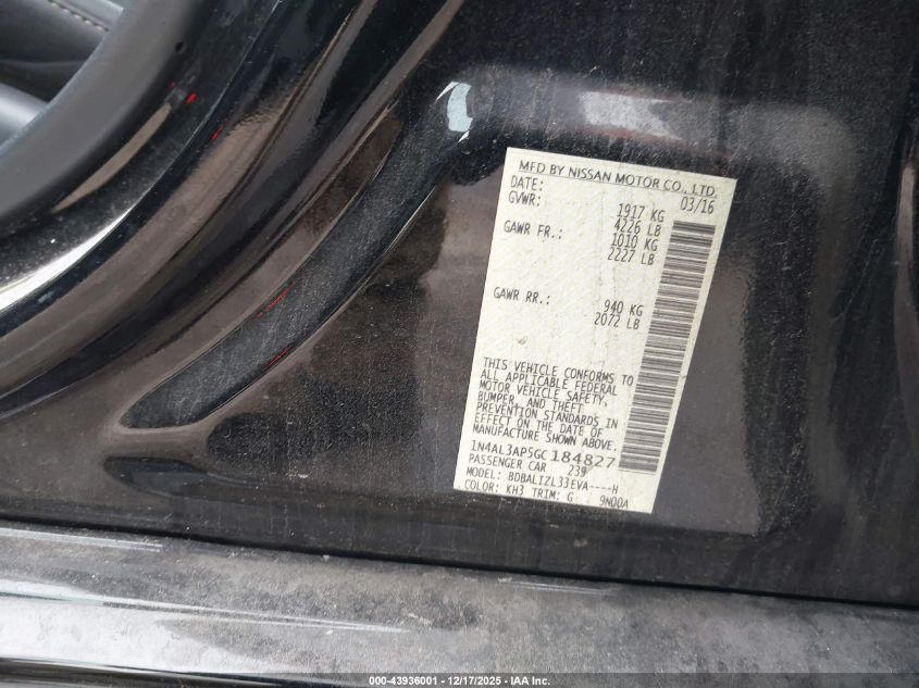 2016 Nissan Altima 2.5 Sv VIN: 1N4AL3AP5GC184827 Lot: 43936001