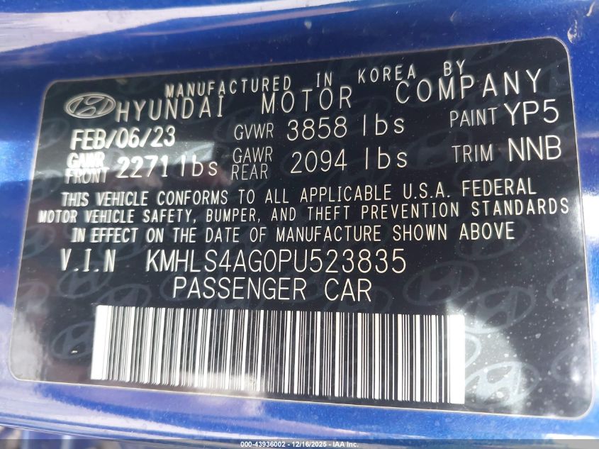 2023 Hyundai Elantra Sel VIN: KMHLS4AG0PU523835 Lot: 43936002