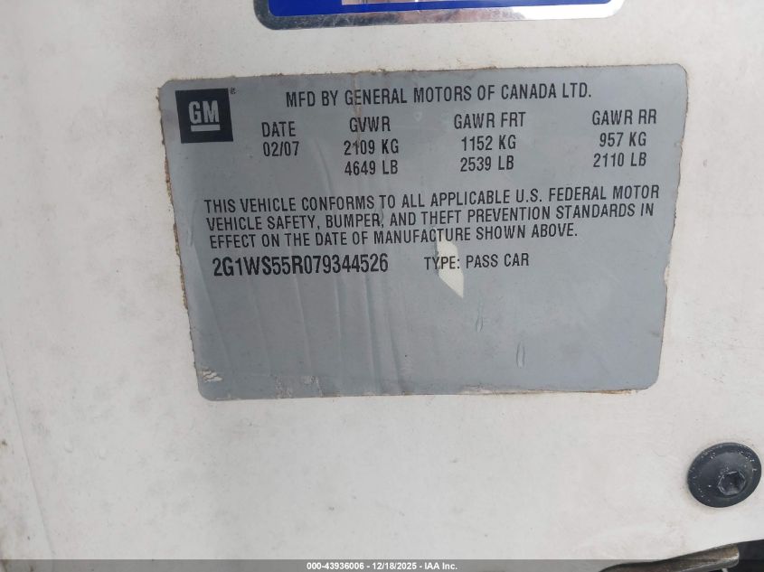 2007 Chevrolet Impala Police VIN: 2G1WS55R079344526 Lot: 43936006