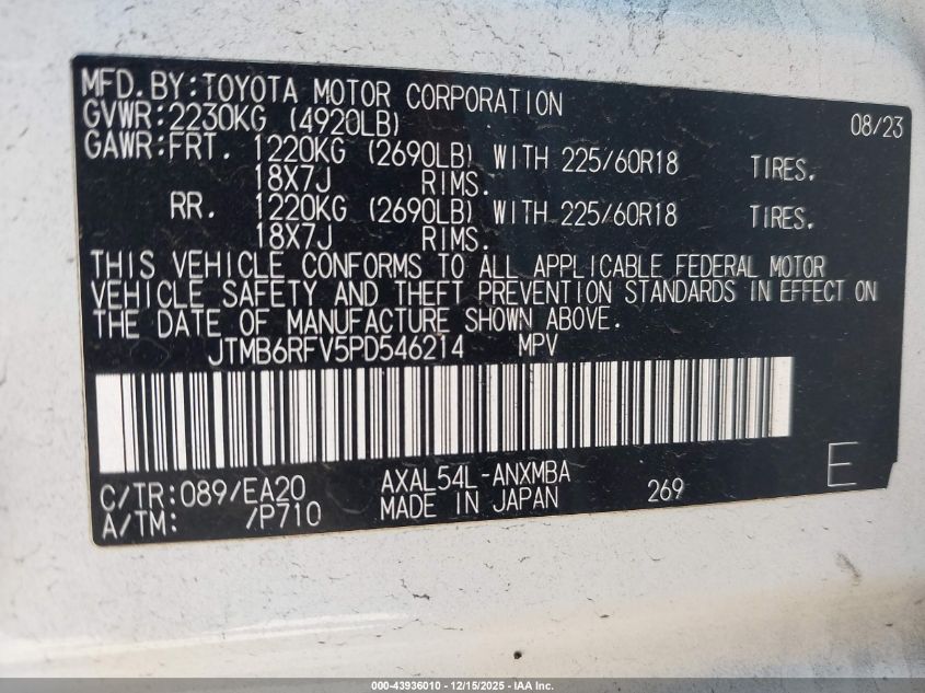 2023 Toyota Rav4 Hybrid Xle Premium VIN: JTMB6RFV5PD546214 Lot: 43936010