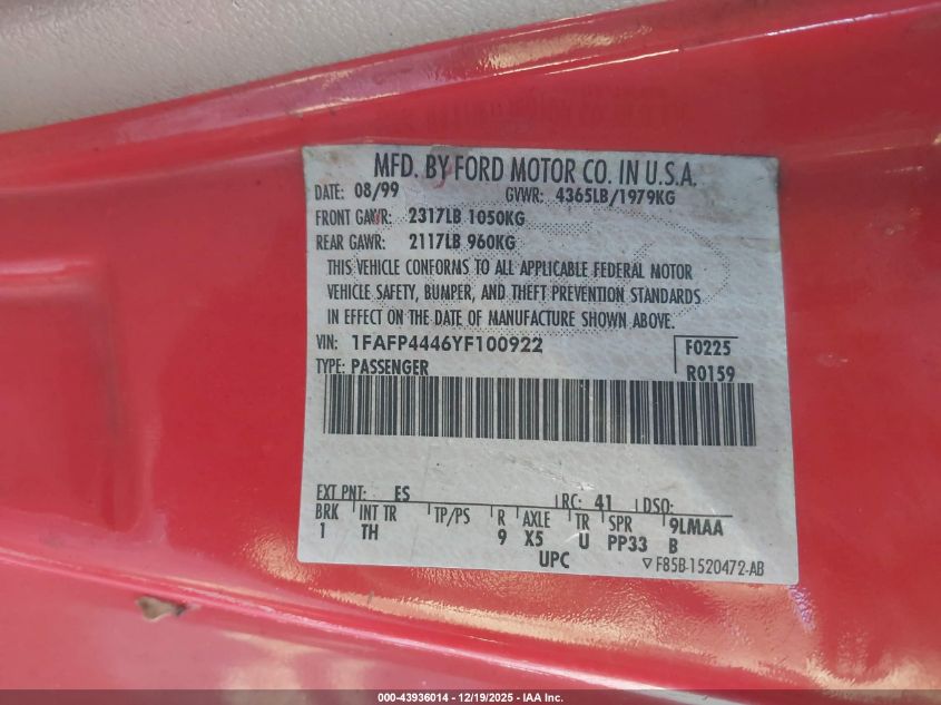 2000 Ford Mustang VIN: 1FAFP4446YF100922 Lot: 43936014