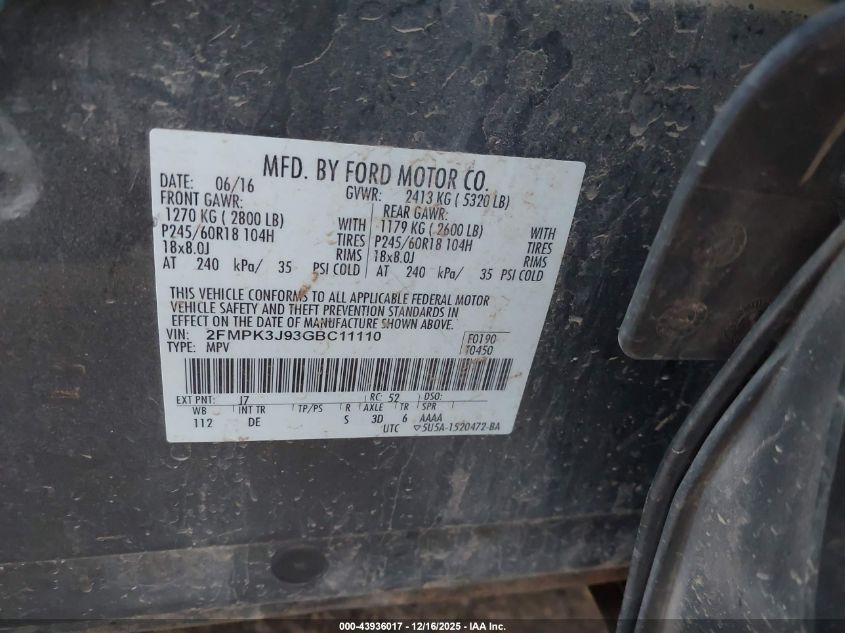 2016 Ford Edge Sel VIN: 2FMPK3J93GBC11110 Lot: 43936017