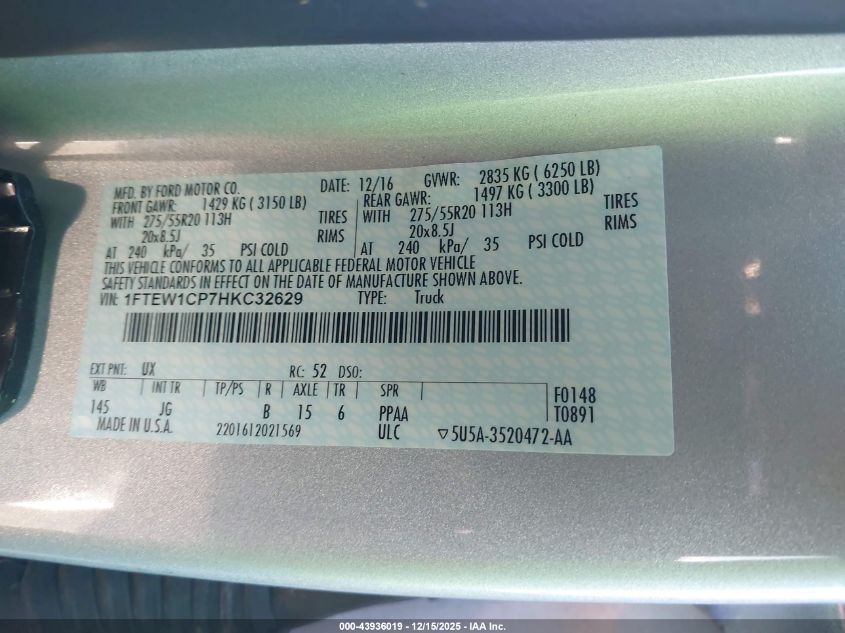 2017 Ford F-150 Xl VIN: 1FTEW1CP7HKC32629 Lot: 43936019