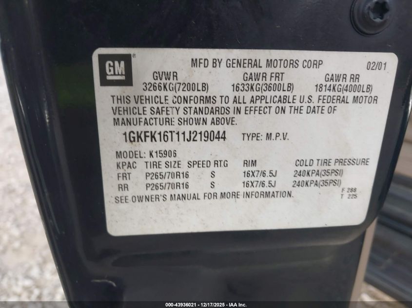 2001 GMC Yukon Xl 1500 Slt VIN: 1GKFK16T11J219044 Lot: 43936021