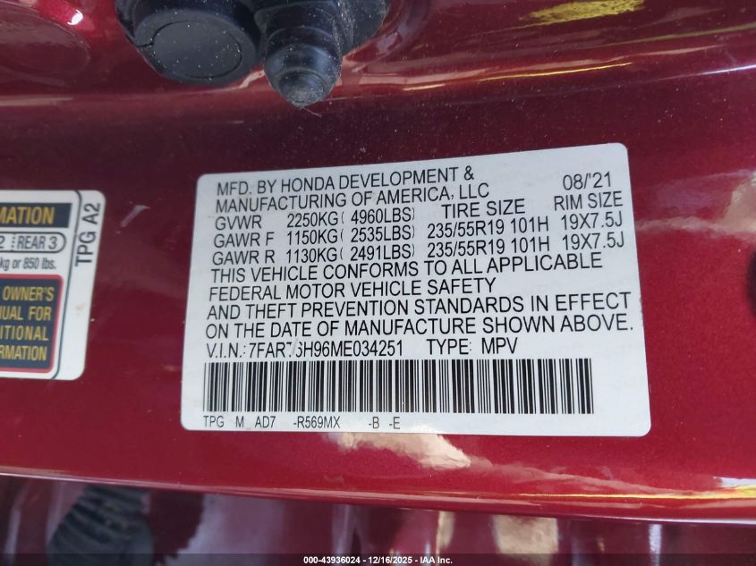 2021 Honda Cr-V Hybrid Touring VIN: 7FART6H96ME034251 Lot: 43936024