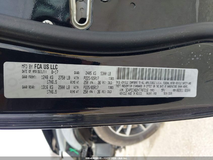 2017 Dodge Journey Se VIN: 3C4PDCAB2HT707216 Lot: 43936025