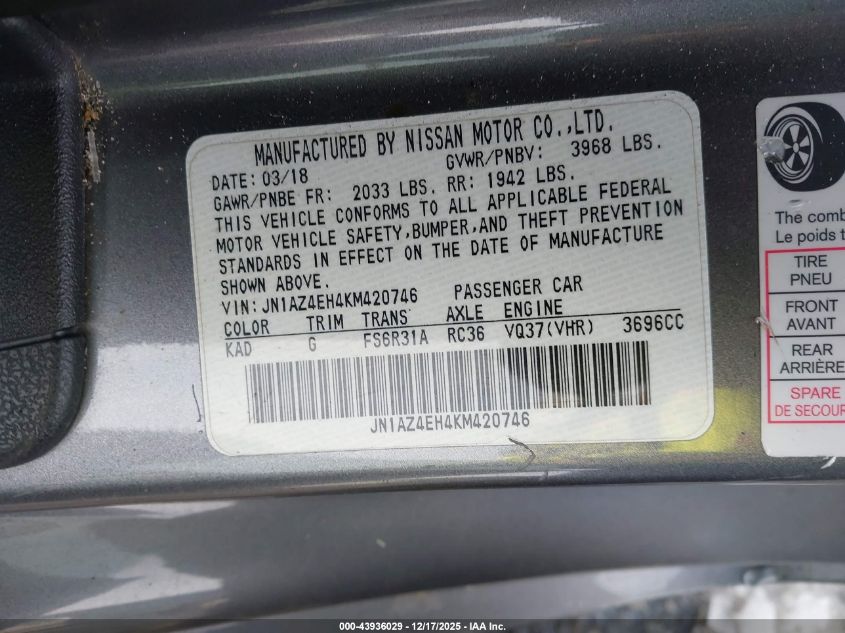 2019 Nissan 370Z Sport Touring VIN: JN1AZ4EH4KM420746 Lot: 43936029