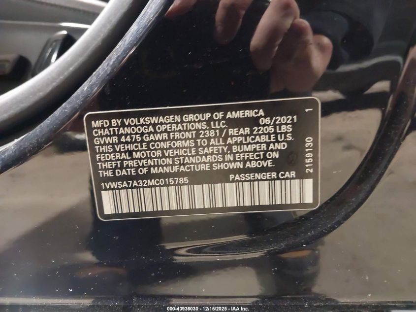 2021 Volkswagen Passat 2.0T Se VIN: 1VWSA7A32MC015785 Lot: 43936030
