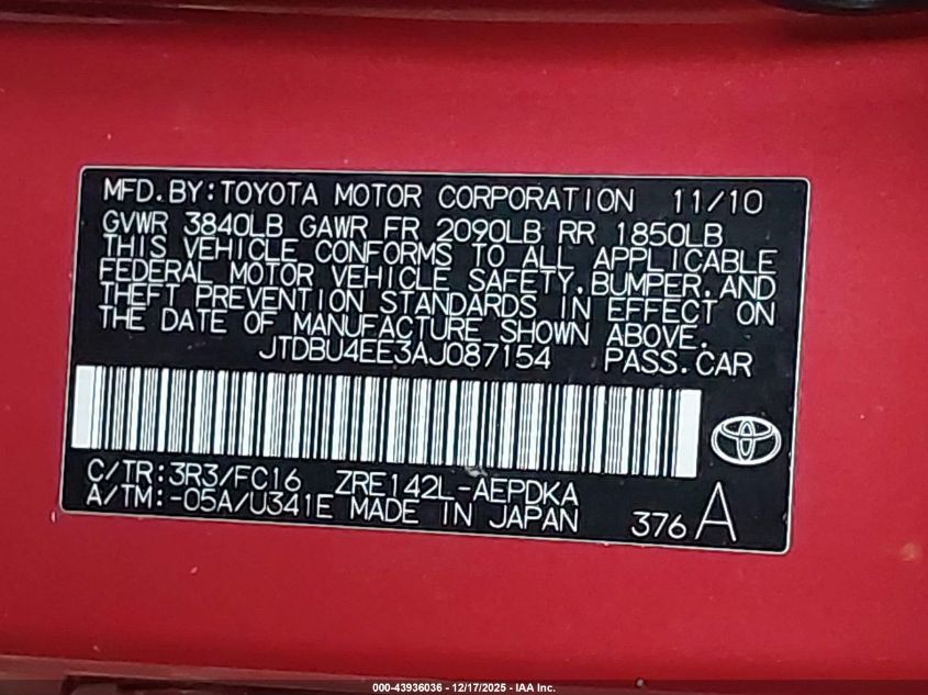 2010 Toyota Corolla Le VIN: JTDBU4EE3AJ087154 Lot: 43936036