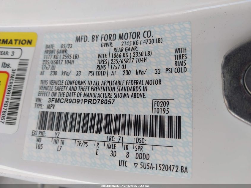 2023 Ford Bronco Sport Badlands VIN: 3FMCR9D91PRD78057 Lot: 43936037