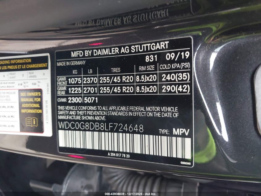 2020 Mercedes-Benz Glc 300 VIN: WDC0G8DB8LF724648 Lot: 43936039