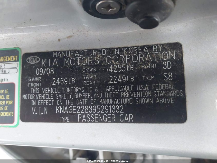 2009 Kia Optima Lx VIN: KNAGE228395291332 Lot: 43936046