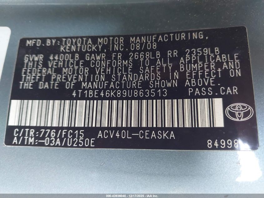 2009 Toyota Camry Se VIN: 4T1BE46K89U863513 Lot: 43936048