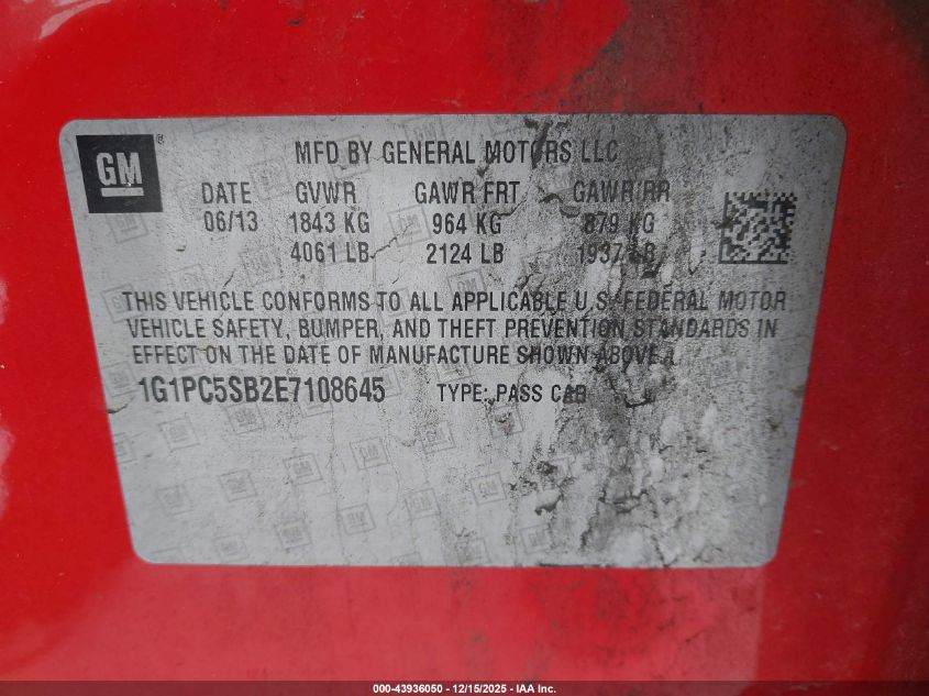 2014 Chevrolet Cruze 1Lt Auto VIN: 1G1PC5SB2E7108645 Lot: 43936050