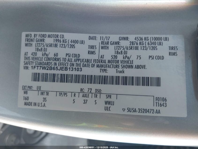 2018 Ford F-250 Xlt VIN: 1FT7W2B65JEB13103 Lot: 43936051