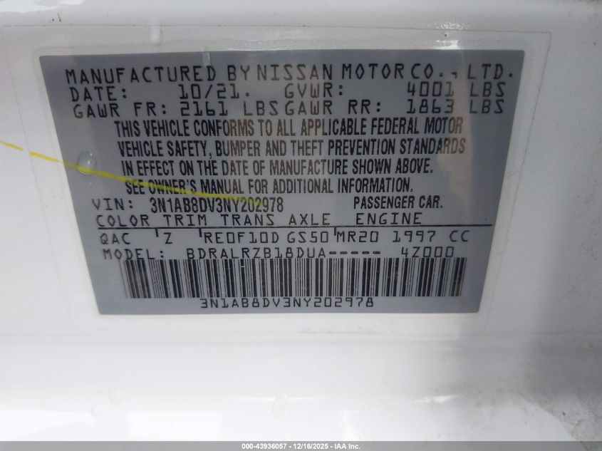 2022 Nissan Sentra Sr Xtronic Cvt VIN: 3N1AB8DV3NY202978 Lot: 43936057