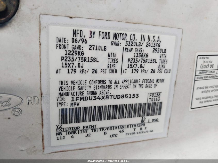 1996 Ford Explorer VIN: 1FMDU34X8TUD85153 Lot: 43936058