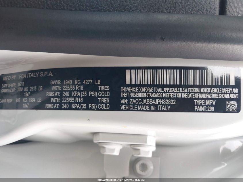 2018 Jeep Renegade Altitude Fwd VIN: ZACCJABB4JPH82832 Lot: 43936060