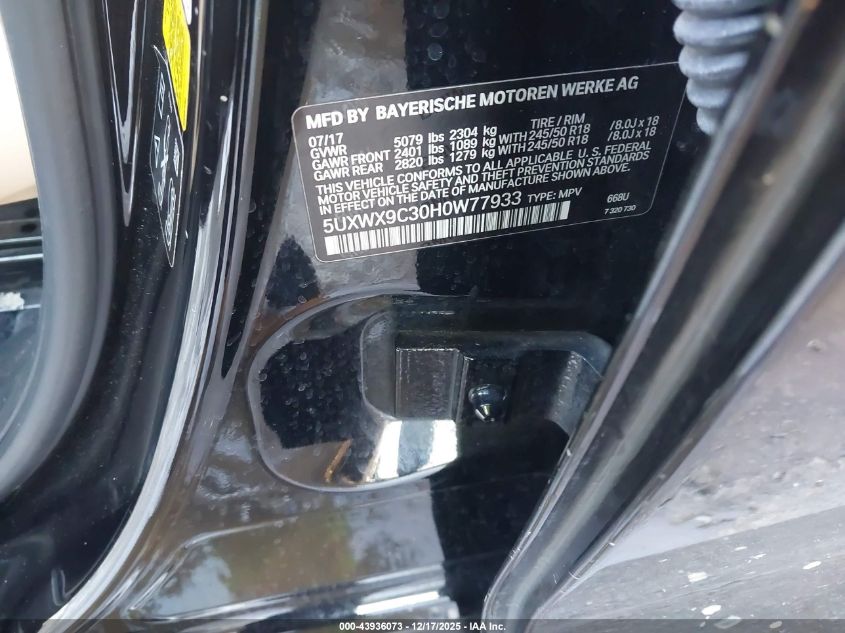 2017 BMW X3 xDrive28I VIN: 5UXWX9C30H0W77933 Lot: 43936073