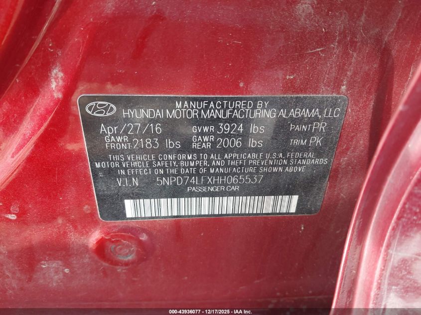 2017 Hyundai Elantra Se VIN: 5NPD74LFXHH065537 Lot: 43936077