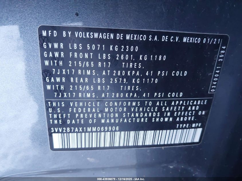 2021 Volkswagen Tiguan 2.0T Se/2.0T Se R-Line Black/2.0T Sel VIN: 3VV2B7AX1MM069906 Lot: 43936079